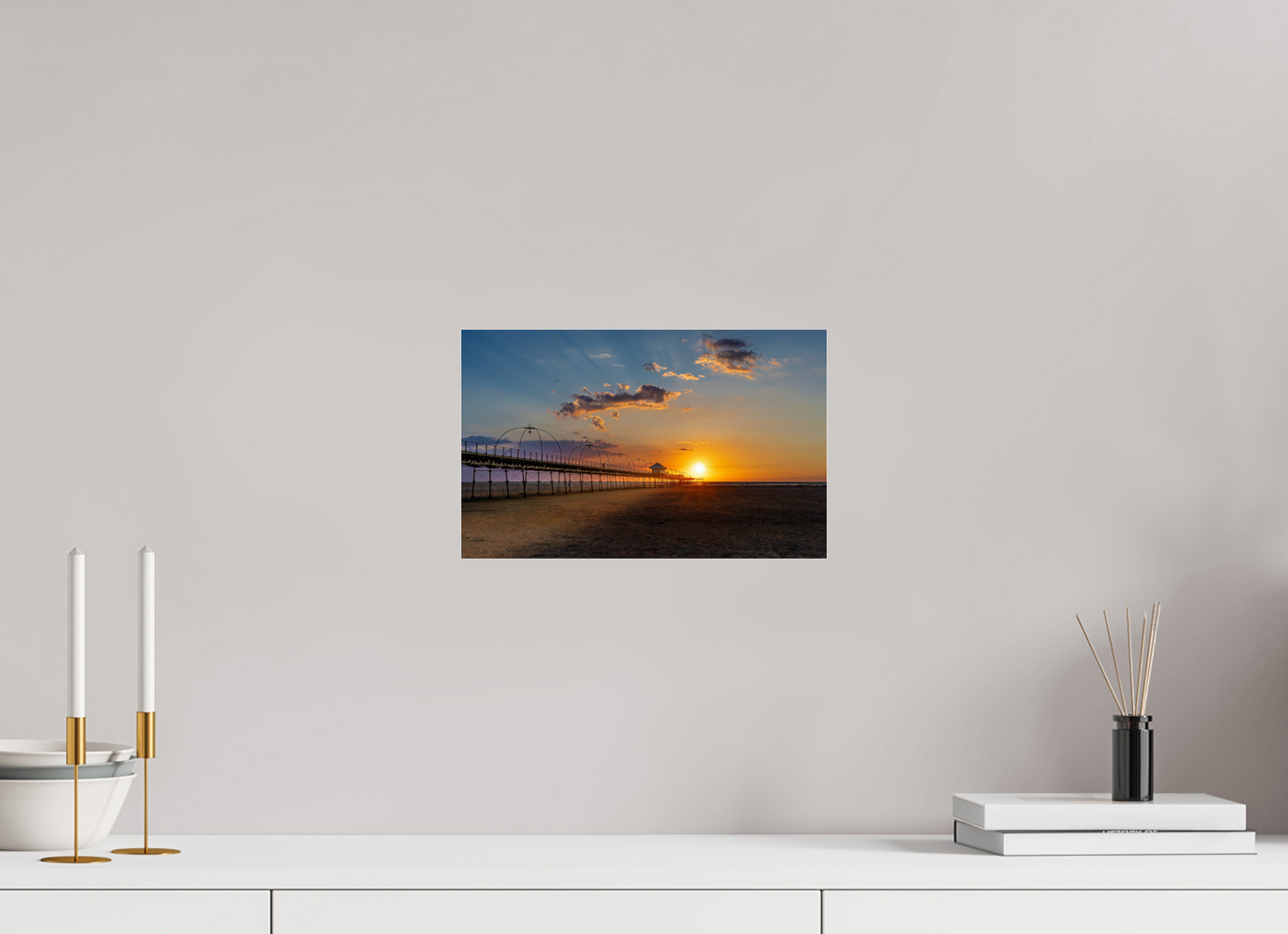 31.9 x 20 cm, Photo Print Under Acrylic Glass Sunset along the Pier
